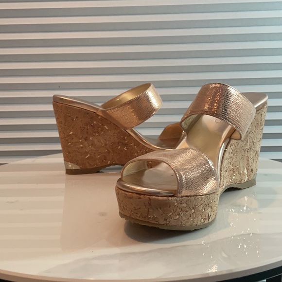 Jimmy Choo Shoes - Jimmy Choo Rose Metallic Leather & Speckled Cork Wedge - 100mm/4" - Size 38/8